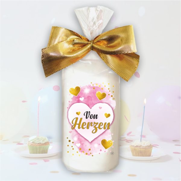 Stumpenkerze Kerze - Von Herzen - Für Dich bunte moderne Motive Farben mit Geschenkfolie und goldener Schleife Geburtstagkerze in Geschenkverpackung - einzeln