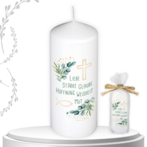 Stumpenkerze zur Kommunion und Konfirmation – Religiöses Geschenk mit Segensspruch für Jungen & Mädchen, inkl. Geschenkverpackung, 11cm liebevolles Geschenk zur Taufe