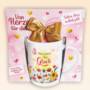 Süße Kaffeetasse - Glück - Porzellan Tasse und Schokolade mit Geschenkverpackung zum Geburtstag Muttertag Beidseitig mit rosa und roten Herzen bedruckt
