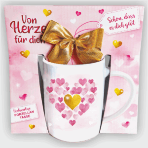 Süße Kaffeetasse - großes Herz - Porzellan Tasse und Schokolade mit Geschenkverpackung zum Geburtstag Muttertag Beidseitig mit rosa und roten Herzen bedruckt