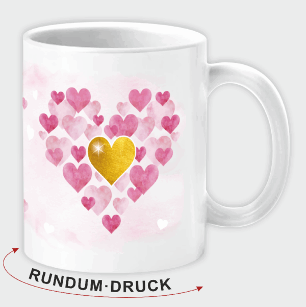 Süße Kaffeetasse - großes Herz - Porzellan Tasse und Schokolade mit Geschenkverpackung zum Geburtstag Muttertag Beidseitig mit rosa und roten Herzen bedruckt - druck