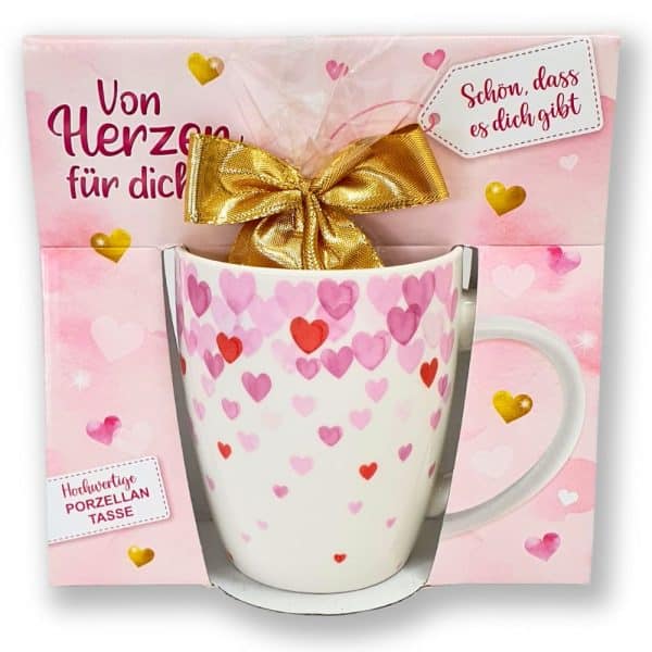 Süße Kaffeetasse - viele Herzen, Herzregen - Porzellan Tasse und Schokolade mit Geschenkverpackung zum Geburtstag Muttertag Beidseitig mit rosa und roten Herzen bedruckt