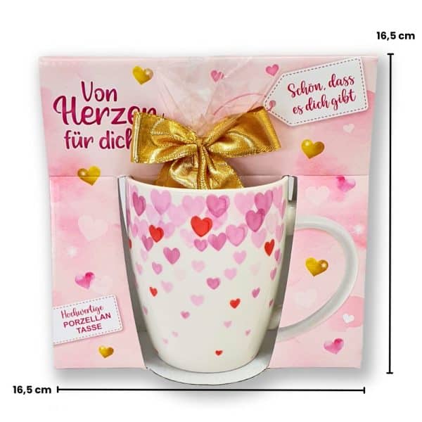 Süße Kaffeetasse - viele Herzen, Herzregen - Porzellan Tasse und Schokolade mit Geschenkverpackung zum Geburtstag Muttertag Beidseitig mit rosa und roten Herzen bedruckt - Maße