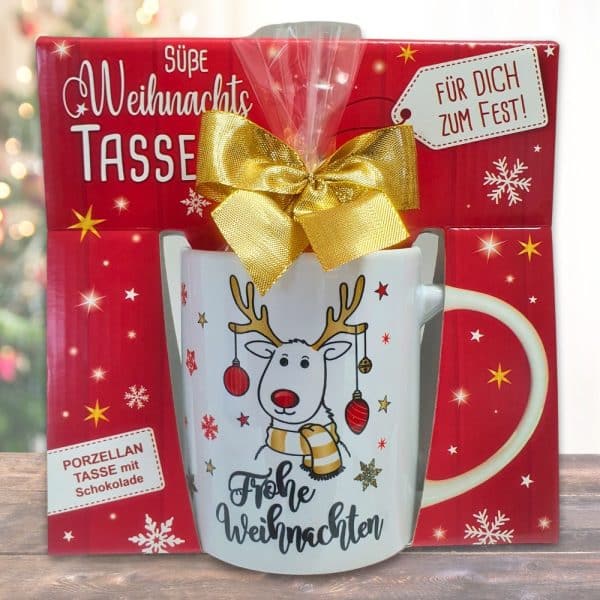 Süße Weihnachtstasse - Rentier - Kaffeetasse und Schokolade mit Geschenkverpackung zu Weihnachten. Beidseitig mit Gold bedruckt