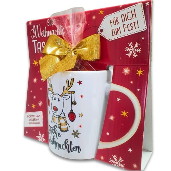Süße Weihnachtstasse - Rentier - Kaffeetasse und Schokolade mit Geschenkverpackung zu Weihnachten. Beidseitig mit Gold bedruckt - Schräg