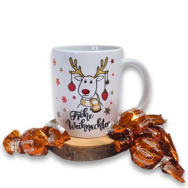 Süße Weihnachtstasse - Rentier - Kaffeetasse und Schokolade mit Geschenkverpackung zu Weihnachten. Beidseitig mit Gold bedruckt - Tasse einzeln mit Schokolade
