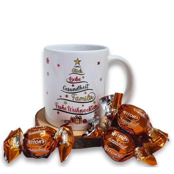 Süße Weihnachtstasse - Weihnachtsbaum - Kaffeetasse Geschenk Tasse mit Spruch und Schokolade mit Geschenkverpackung zu Weihnachten deidseitig bedruckt - Tasse mit Schokolade