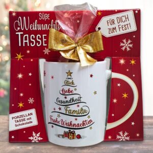 Süße Weihnachtstasse - Weihnachtsbaum - Kaffeetasse Geschenk Tasse mit Spruch und Schokolade mit Geschenkverpackung zu Weihnachten deidseitig bedruckt - mit Hintergrund