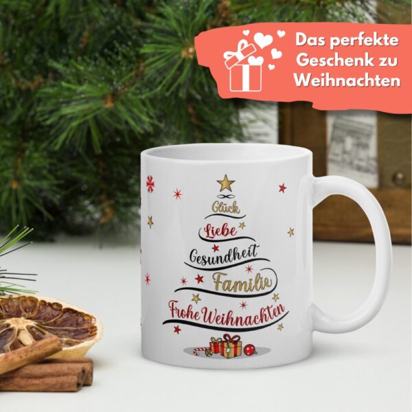 Süße Weihnachtstasse - Weihnachtsbaum - Kaffeetasse Geschenk Tasse mit Spruch und Schokolade mit Geschenkverpackung zu Weihnachten deidseitig bedruckt - mit Weihnachtsdeko