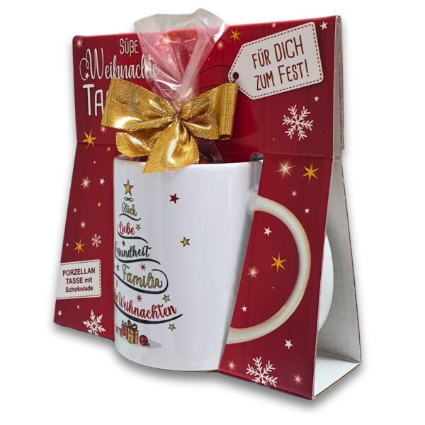 Süße Weihnachtstasse - Weihnachtsbaum - Kaffeetasse Geschenk Tasse mit Spruch und Schokolade mit Geschenkverpackung zu Weihnachten deidseitig bedruckt - schräg