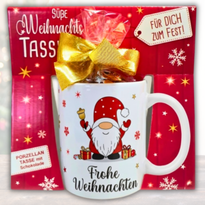 Süße Weihnachtstasse - Wichtel, Frohe Weihnachten - Kaffeetasse Tasse und Schokolade mit Geschenkverpackung zu Weihnachten Beidseitig bedruckt