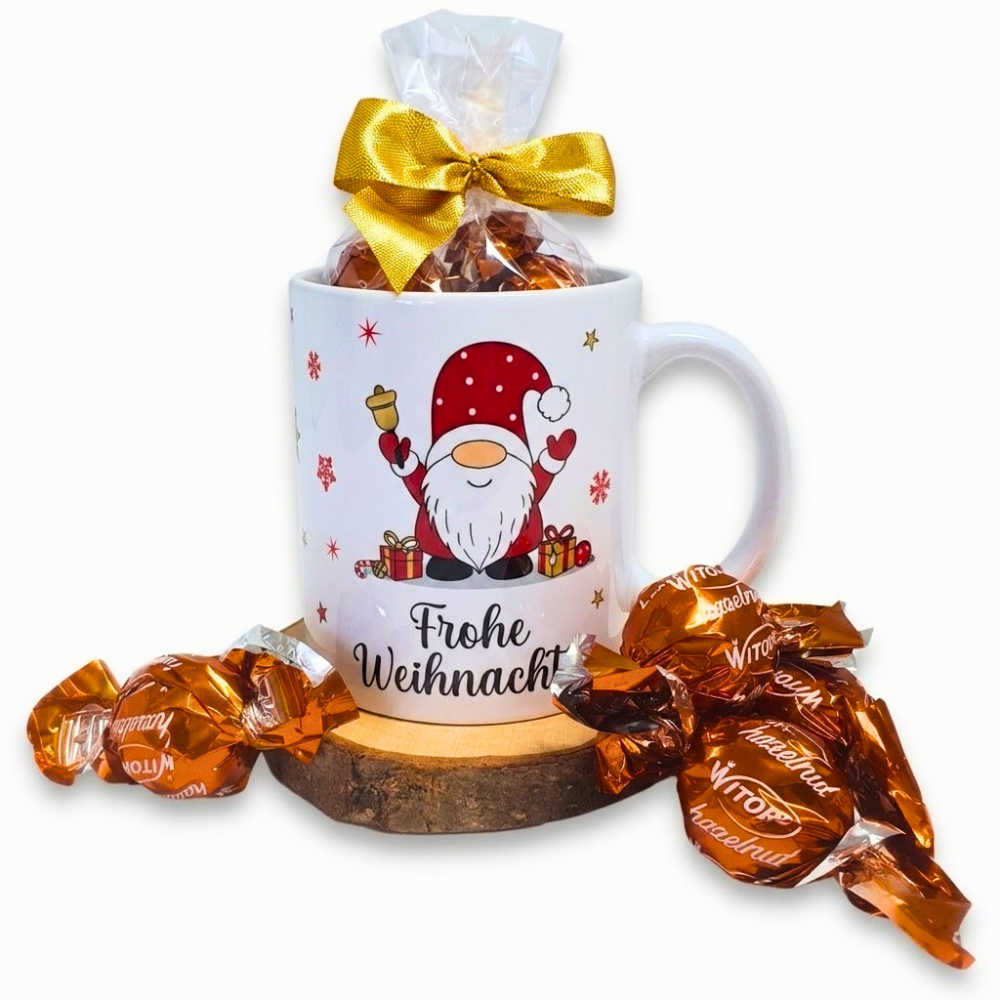 Süße Weihnachtstasse - Wichtel, Frohe Weihnachten - Kaffeetasse Tasse und Schokolade mit Geschenkverpackung zu Weihnachten Beidseitig bedruckt - Schokolade