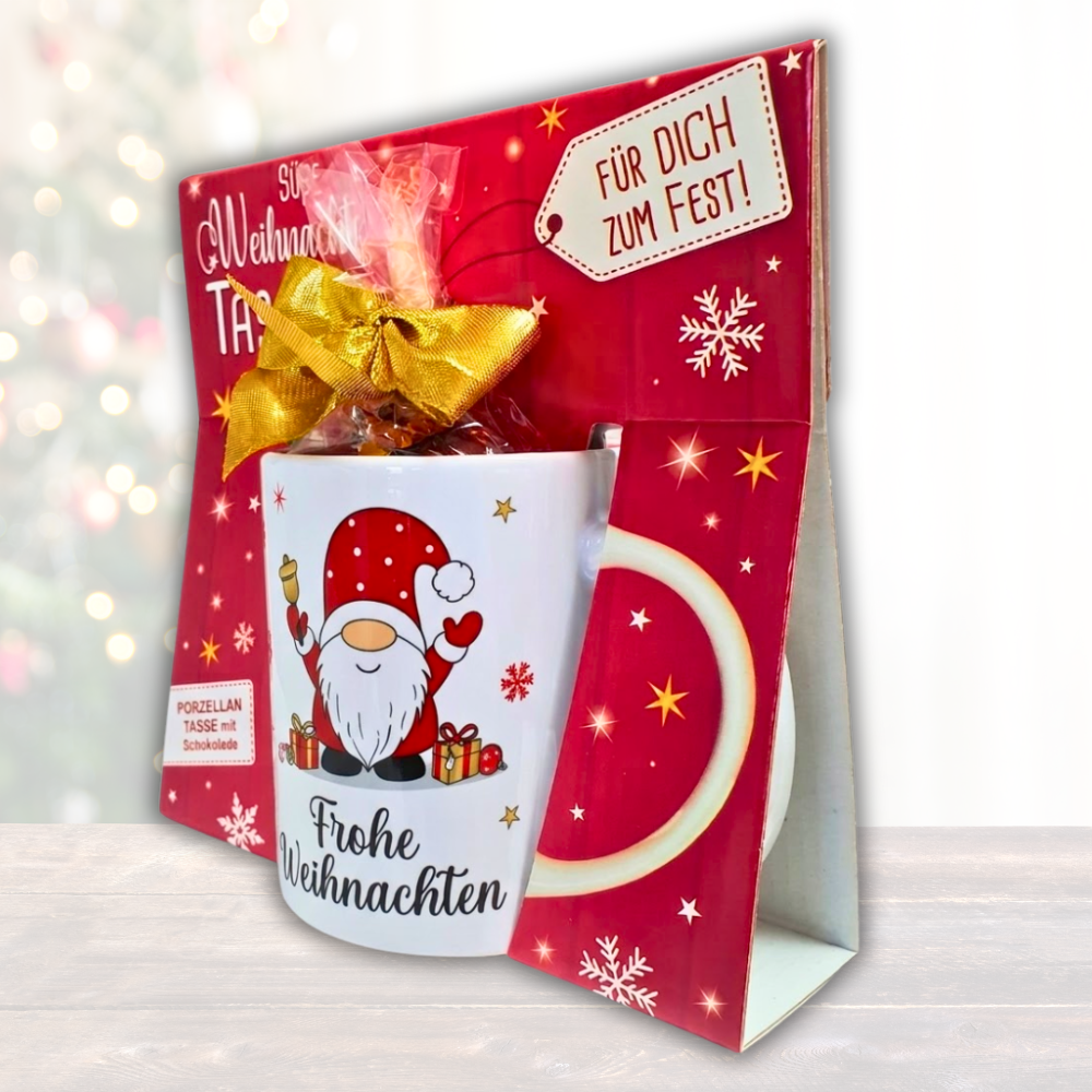 Süße Weihnachtstasse - Wichtel, Frohe Weihnachten - Kaffeetasse Tasse und Schokolade mit Geschenkverpackung zu Weihnachten Beidseitig bedruckt - schräg