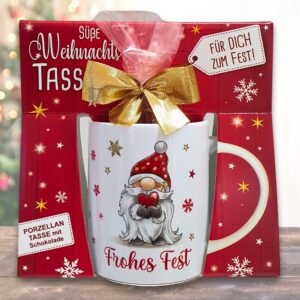 Süße Weihnachtstasse - Wichtel Frohes Fest - Kaffeetasse Geschenk Tasse mit Spruch und Schokolade mit Geschenkverpackung zu Weihnachten deidseitig bedruckt - mit Hintergrund