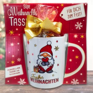 Süße Weihnachtstasse - Wichtel Weihnachten - Kaffeetasse Geschenk Tasse mit Spruch und Schokolade mit Geschenkverpackung zu Weihnachten deidseitig bedruckt - mit Hintergrund