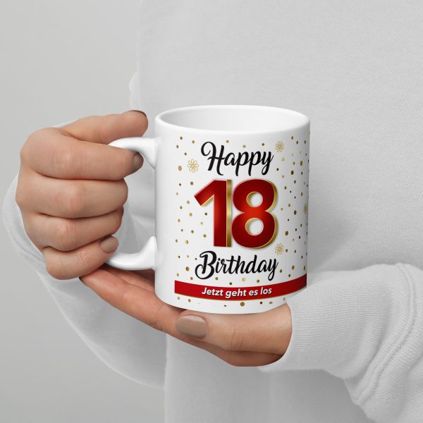 Tasse Becher Kaffeetasse zum 18. Geburtstag, 18 Happy Birthday, Tasse Geschenk - in der Hand