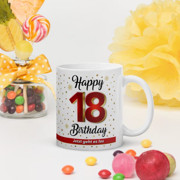 Tasse Becher Kaffeetasse zum 18. Geburtstag, 18 Happy Birthday, Tasse Geschenk - mit Partydeko