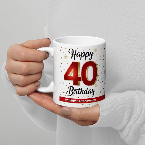 Tasse Becher Kaffeetasse zum 40. Geburtstag, 40 Happy Birthday, Tasse Geschenk - in der Hand