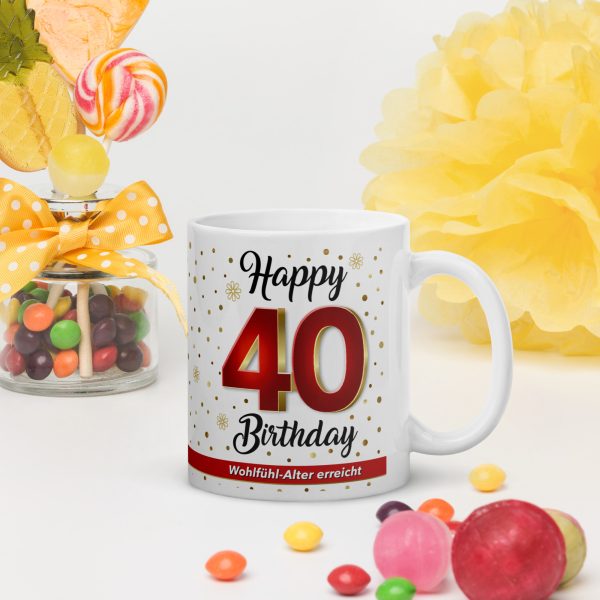 Tasse Becher Kaffeetasse zum 40. Geburtstag, 40 Happy Birthday, Tasse Geschenk - mit Partydeko