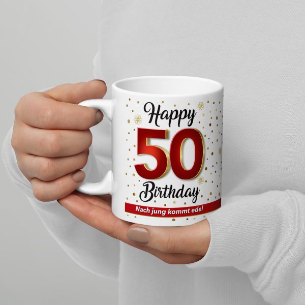 Tasse Becher Kaffeetasse zum 50. Geburtstag, 50 Happy Birthday, Tasse Geschenk - in der Hand