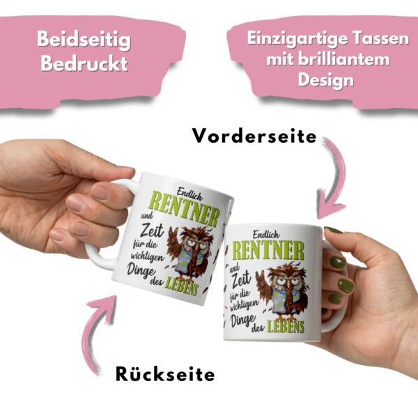Tasse Kaffee-Becher Kaffeetasse „Endlich Rentner“ – Lustiges Rentner Geschenk für Frauen – Hochwertige Keramik-Tasse – Geschenkidee zum Renteneintritt & Ruhestand - beidseitig