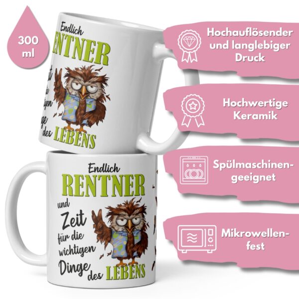 Tasse Kaffee-Becher Kaffeetasse „Endlich Rentner“ – Lustiges Rentner Geschenk für Frauen – Hochwertige Keramik-Tasse – Geschenkidee zum Renteneintritt & Ruhestand - qualität
