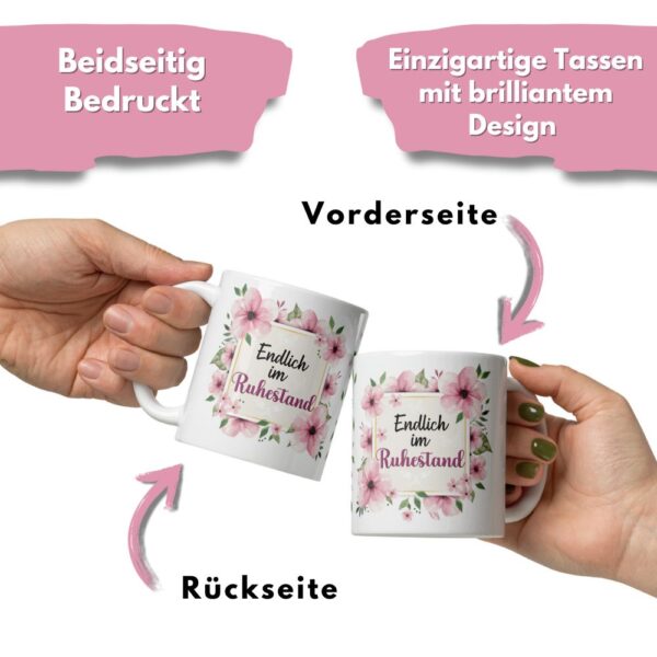 Tasse Kaffee-Becher Kaffeetasse „Endlich im Ruhestand“ – Lustiges Rentner Geschenk für Frauen – Hochwertige Keramik-Tasse – Geschenkidee zum Renteneintritt & Ruhestand - beidseitig