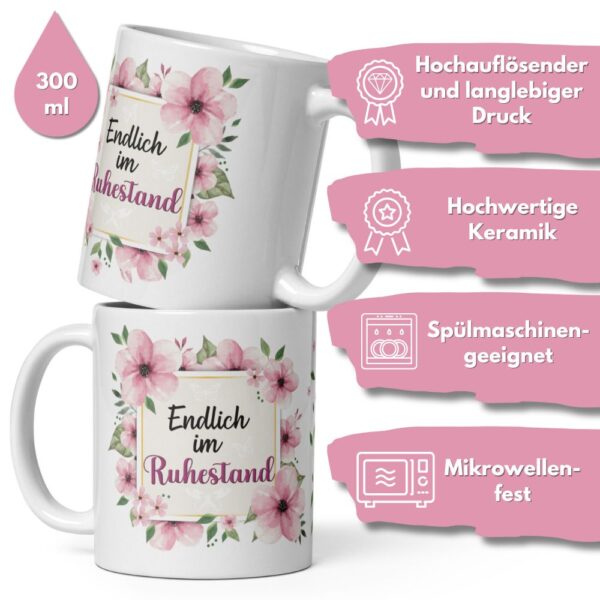 Tasse Kaffee-Becher Kaffeetasse „Endlich im Ruhestand“ – Lustiges Rentner Geschenk für Frauen – Hochwertige Keramik-Tasse – Geschenkidee zum Renteneintritt & Ruhestand - qualität