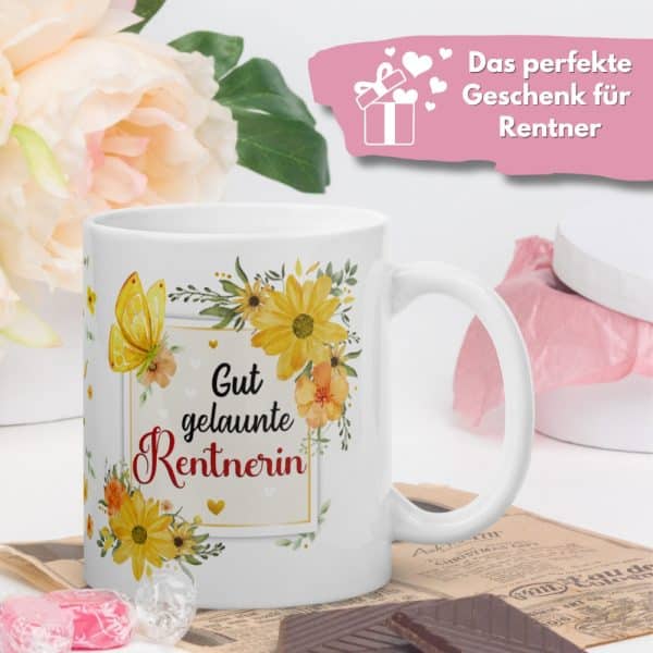 Tasse Kaffee-Becher Kaffeetasse „Gut gelaunte Rentnerin“ – Lustiges Rentner Geschenk für Frauen – Hochwertige Keramik-Tasse – Geschenkidee zum Renteneintritt & Ruhestand - Geschenk