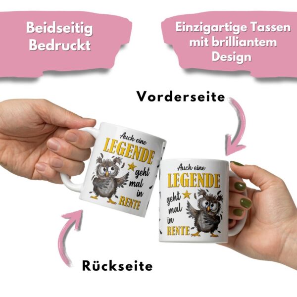 Tasse Kaffee-Becher Kaffeetasse „Legende in Rente“ – Lustiges Rentner Geschenk zum Abschied – Hochwertige Keramik-Tasse – Geschenkidee zum Renteneintritt & Ruhestand - beidseitig