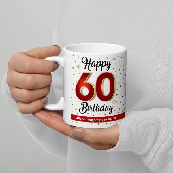 Tasse Kaffeetasse zum 60. Geburtstag, 60 Happy Birthday, Tasse Geschenk - in der Hand