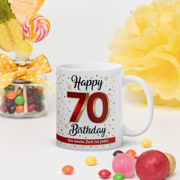 Tasse Kaffeetasse zum 70. Geburtstag, 70 Happy Birthday, Tasse Geschenk - mit Partydeko