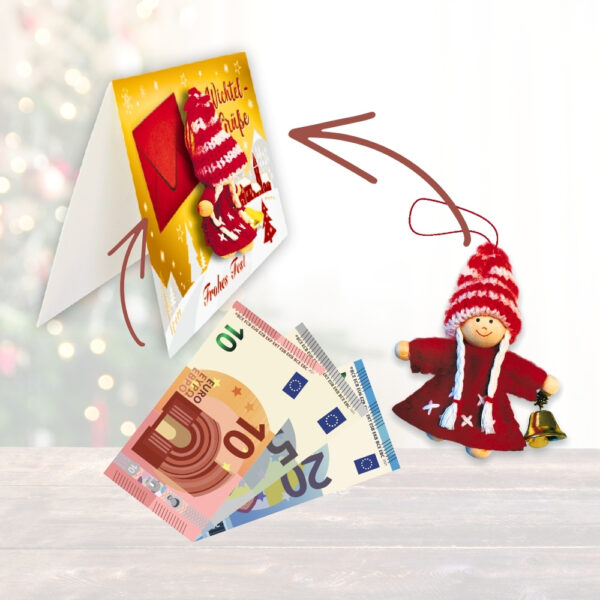 Weihnachtskarte mit Filz-Wichtel & Umschlag – Wichtel Grüße – Geldgeschenk Weihnachten, Gutschein Geschenkidee, niedliche Überraschung, Deko mit Glöckchen, 17x11,5cm - Figur und Geldscheine