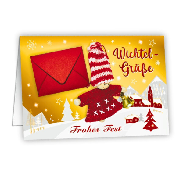 Weihnachtskarte mit Filz-Wichtel & Umschlag – Wichtel Grüße – Geldgeschenk Weihnachten, Gutschein Geschenkidee, niedliche Überraschung, Deko mit Glöckchen, 17x11,5cm - gold