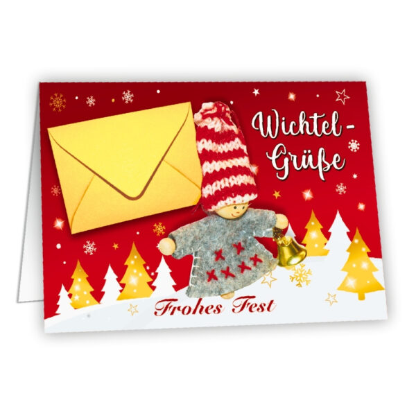 Weihnachtskarte mit Filz-Wichtel & Umschlag – Wichtel Grüße – Geldgeschenk Weihnachten, Gutschein Geschenkidee, niedliche Überraschung, Deko mit Glöckchen, 17x11,5cm - rot