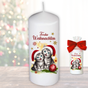 Weihnachtskerze Stumpenkerze – Frohe Weihnachten Katzen - Kerze in Geschenkverpackung mit Schleife zu Weihnachten moderne Motive auf Tattoofolie Schiebefolie