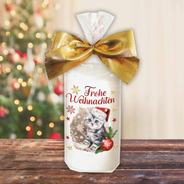 Weihnachtskerze Stumpenkerze – Frohe Weihnachten - Kerze in Geschenkverpackung mit Schleife zu Weihnachten moderne Motive auf Tattoofolie Schiebefolie einzeln