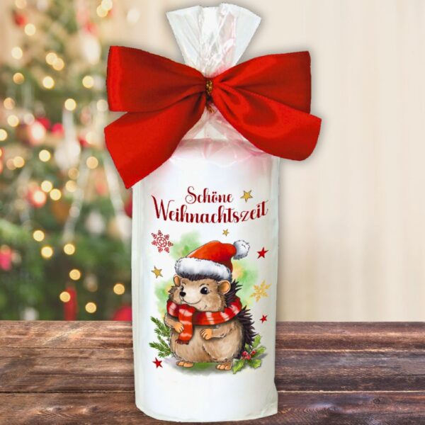 Weihnachtskerze Stumpenkerze – Schöne Weihnachten Igel - Kerze in Geschenkverpackung mit Schleife zu Weihnachten moderne Motive auf Tattoofolie Schiebefolie einzeln